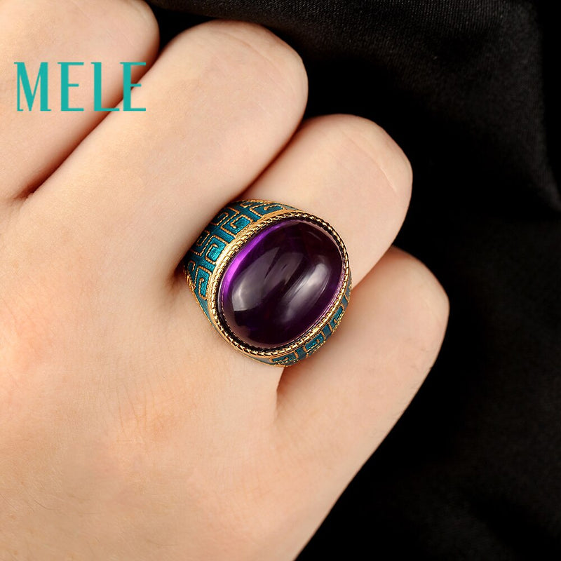 925 Sterling Silver Ring with Natural Big Oval 13X18mm Amethyst in Violet Color