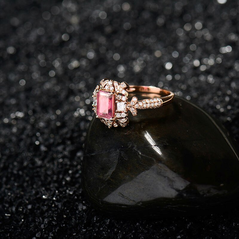 Rose Gold Tourmaline Flower Diamond Ring - Exquisite Emerald Cut & 5X7mm Natural Gemstone FOR HER