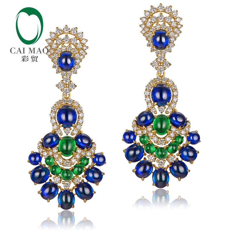 18kt Yellow Gold Blue Sapphires Emeralds and Diamonds Earrings for Women