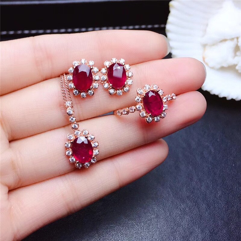 925 Sterling Silver Natural 1.55Ct Blood Ruby Jewelry set