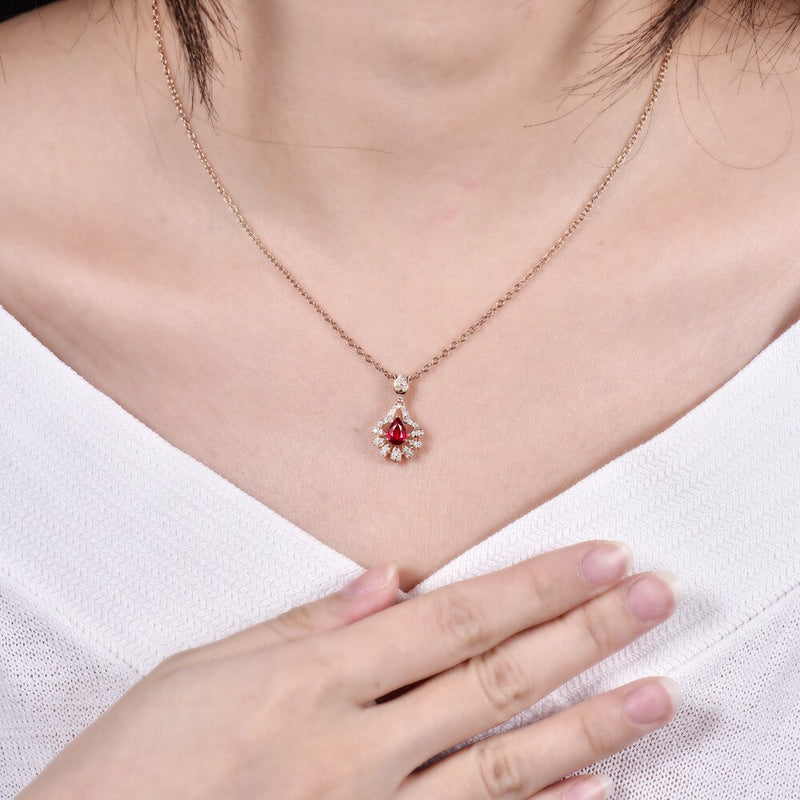 18K Rose Gold Ruby Pendant with Diamond for Women