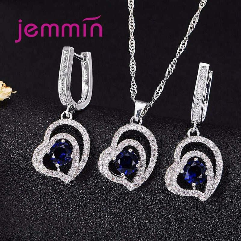 925 Sterling Silver Double Heart Sapphire Rhinestone Bridal Jewelry Sets for Women