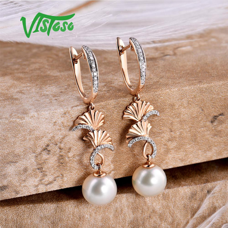 VISTOSO Pure 14K 585 Rose Gold Sparkling Diamond Elegant Fresh Water Pearl Earrings