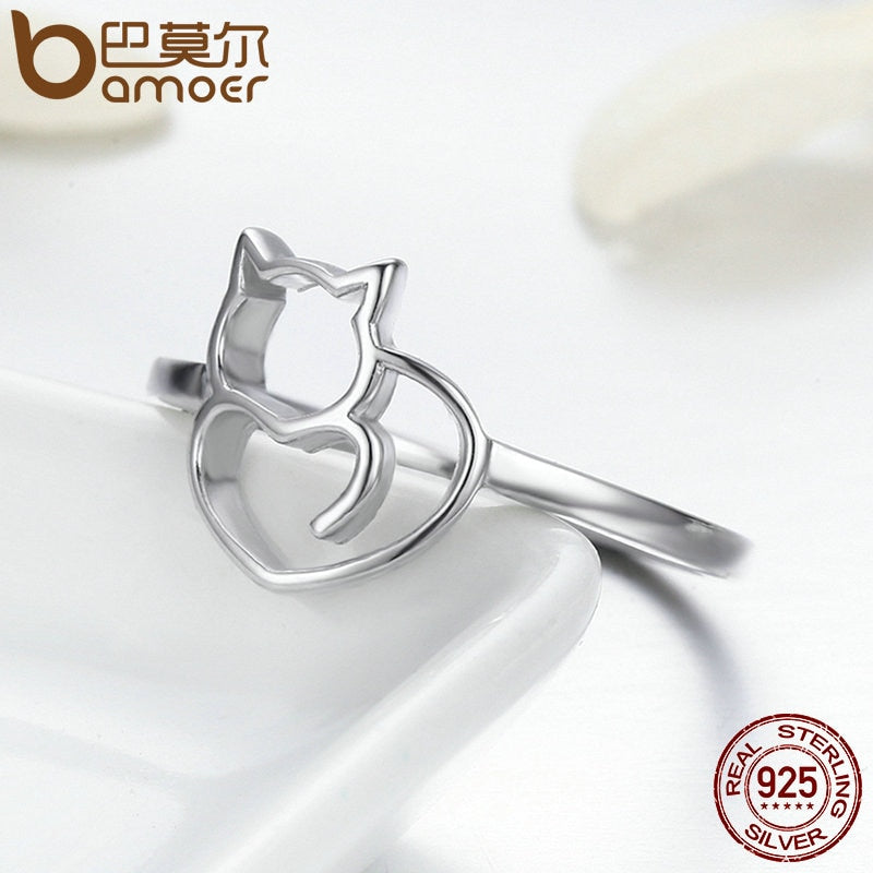 925 Sterling Silver Cute Cat Heart Finger Ring for Women