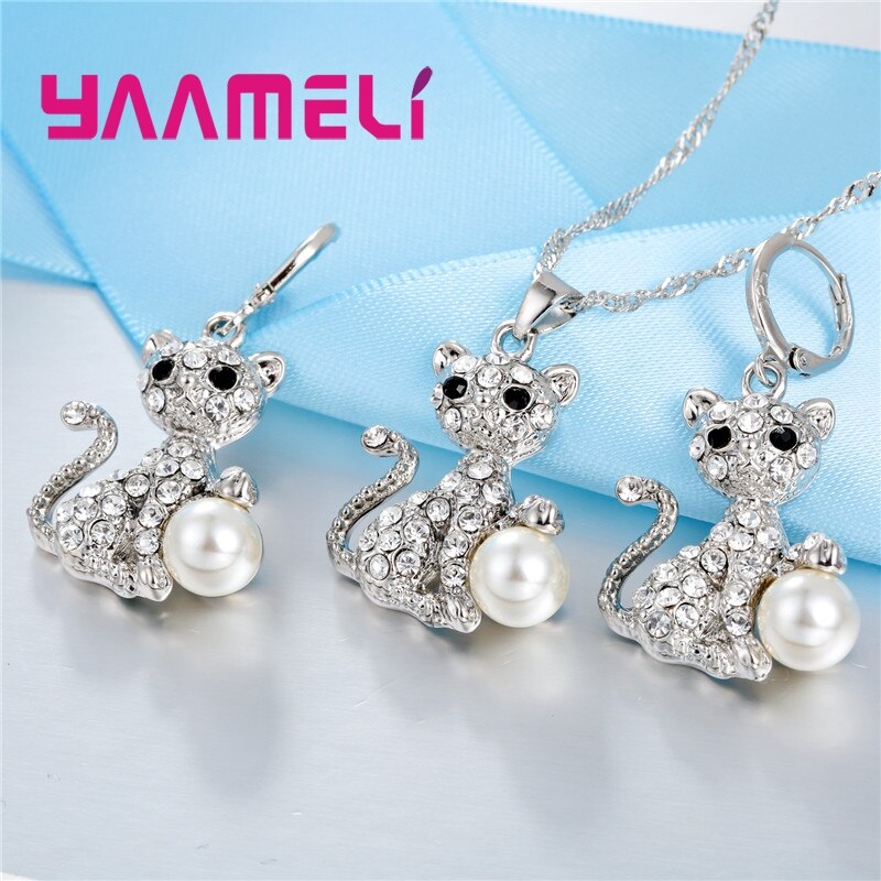 Fine Luxury CZ Stone Cat Design Pendant Necklace Earrings Party Gifts 925 Sterling Silver Austrian Crystal Jewelry Sets