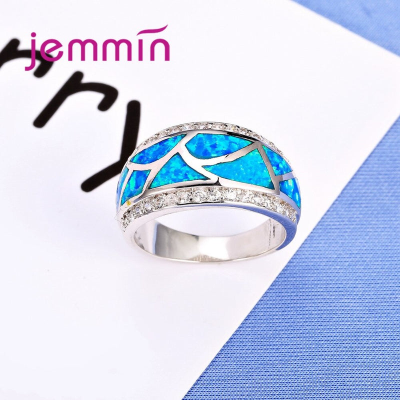New Fashion Blue Fire Opal Ring With Clear CZ Pave Geometric Design Wedding Rings For Women Jewelry