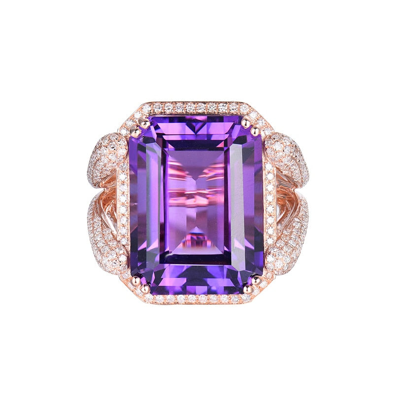 Real 14K Rose Gold Elegant Diamonds 15x20mm Emerald Cut Amethyst Ring
