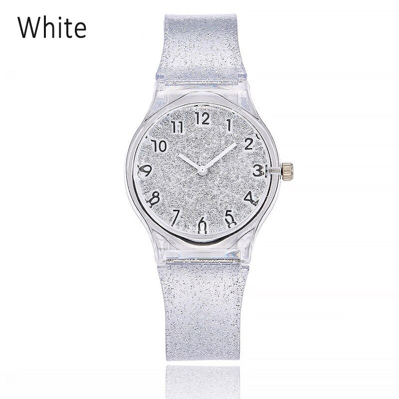 Stainless Steel Quartz Watch with Silicone Strap and Glitter Dial for Women