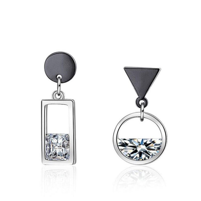 Anenjery 925 Sterling Silver Spring Water Zircon Black Circle Square Asymmetric Earrings