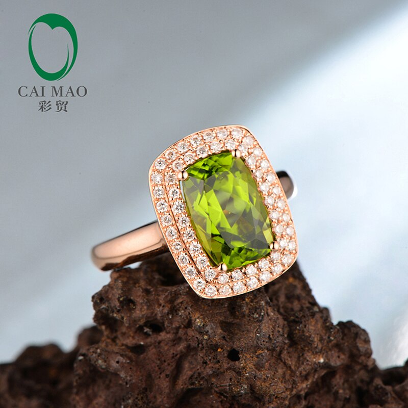 14K Rose Gold Halo Engagement Ring with 3.27 ctw Green Peridot and Pave Diamonds. for her