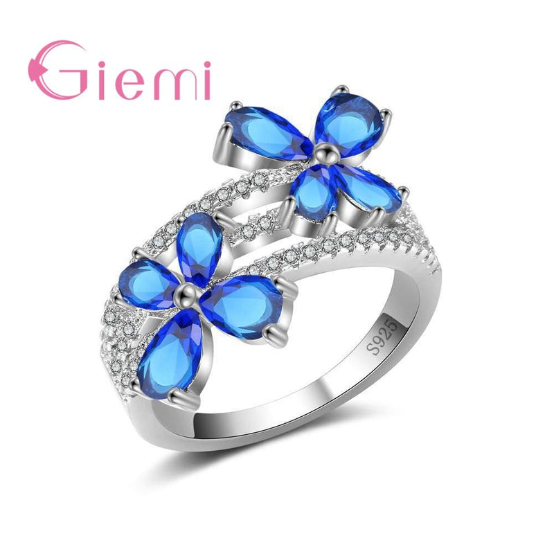 925 Sterling Silver 4 Colour Crystals Flower Wide Verge Ring