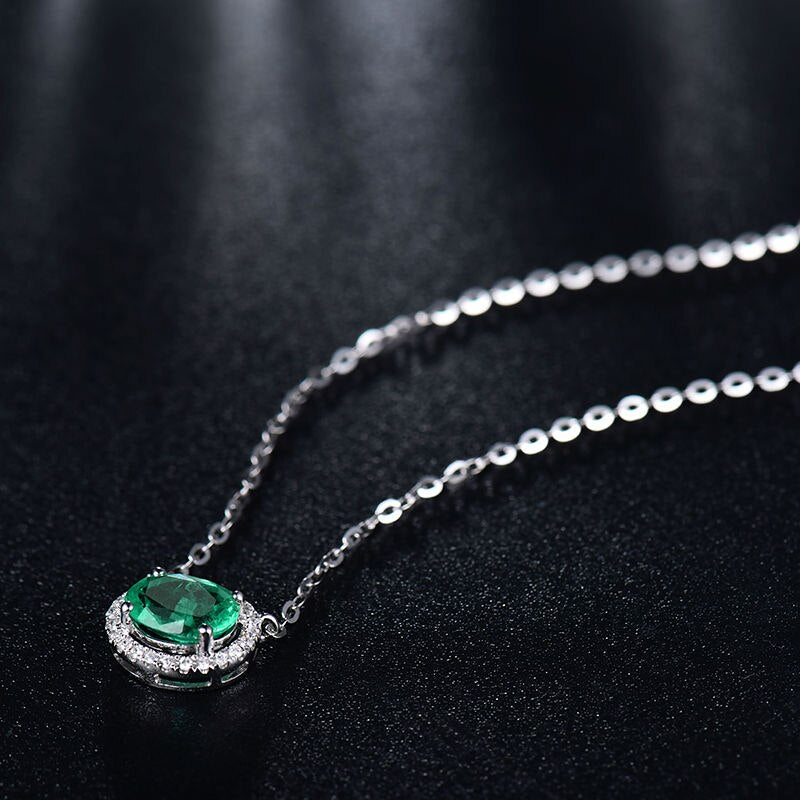 18K White Gold Emerald Diamond Oval Pendant for Women