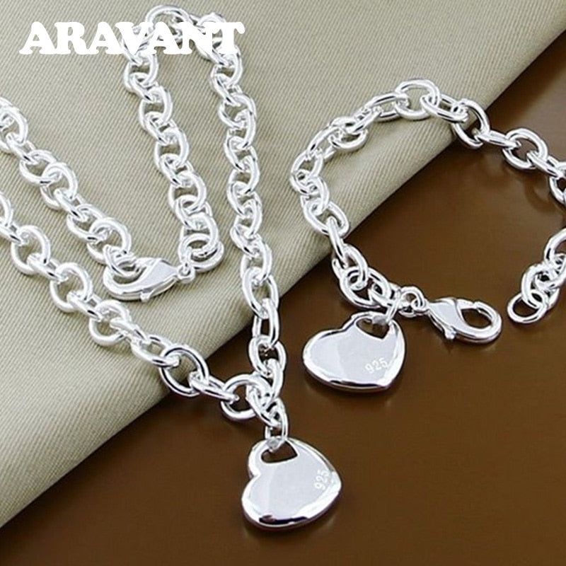 Sterling Silver Heart Necklace and Bracelet Set for Women