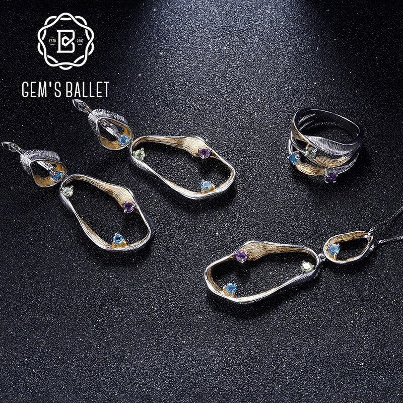 GEMS BALLET 925 Sterling Silver Natural Topaz Amethyst Peridot Handmade twist Earrings Ring & Pendant Set