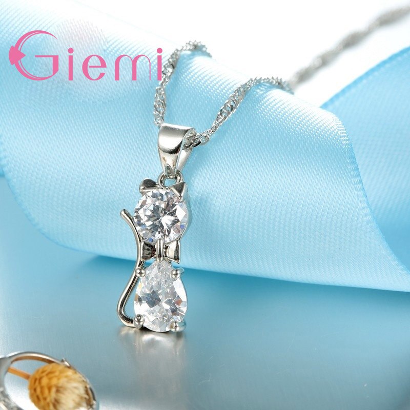 Genuine Top Highly 925 Sterling Silver Clear Cubic Zirconia Cat Pendant Necklace & Earrings Jewelry Set