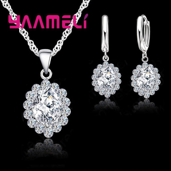 High Quality 925 Sterling Silver Necklace Drop Earrings Shiny Full Clear Oval Cubic Zircon Wedding Jewelry Set for Women