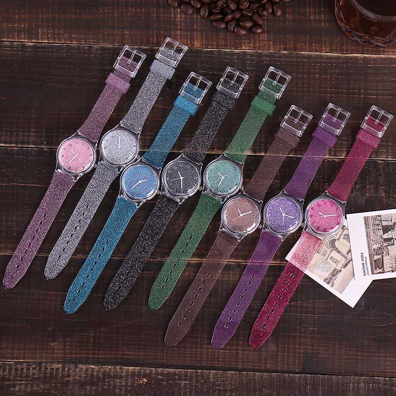 Stainless Steel Quartz Watch with Silicone Strap and Glitter Dial for Women