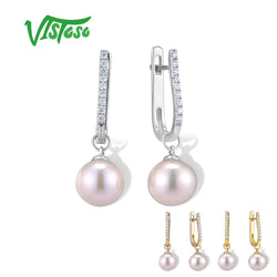 VISTOSO Pure 14K 585 Yellow/White/Rose Gold Sparkling Diamond Fresh Water Pearl Unique Earrings