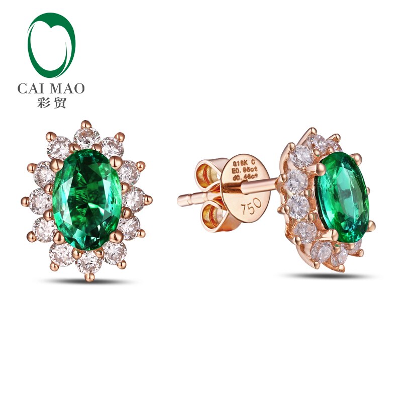 18k Rose Gold Natural Emerald Diamond Earrings Studs for Women