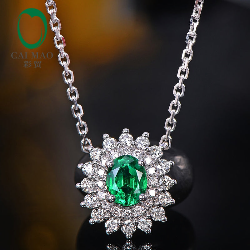 14K White Gold Emerald and Diamond Pendant Necklace for Women