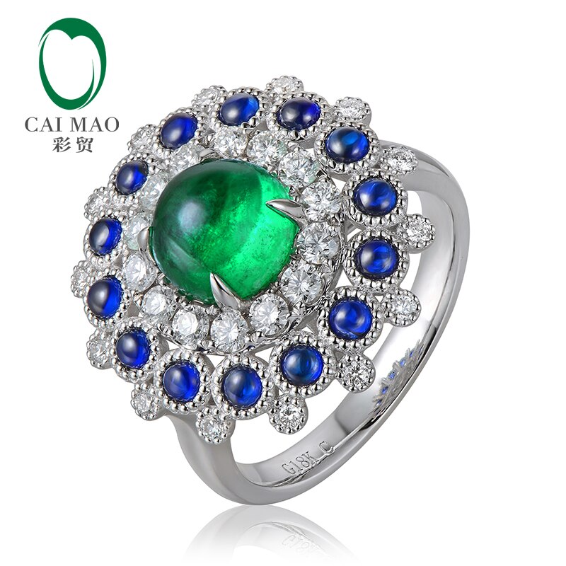 18k White Gold 1.85ct Emerald Halo Diamond Sapphire Engagement Ring for Women