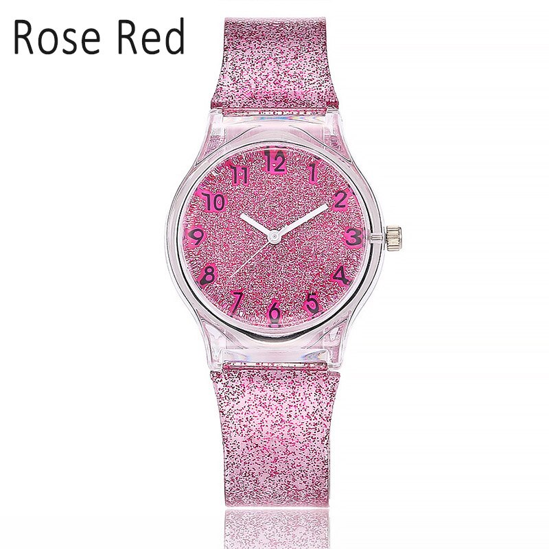 Stainless Steel Quartz Watch with Silicone Strap and Glitter Dial for Women