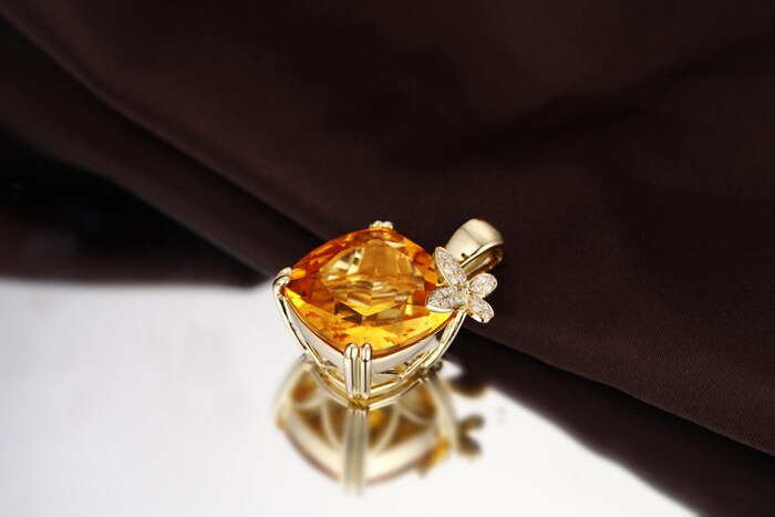 14K Yellow Gold Citrine and Diamond Pendant for Women