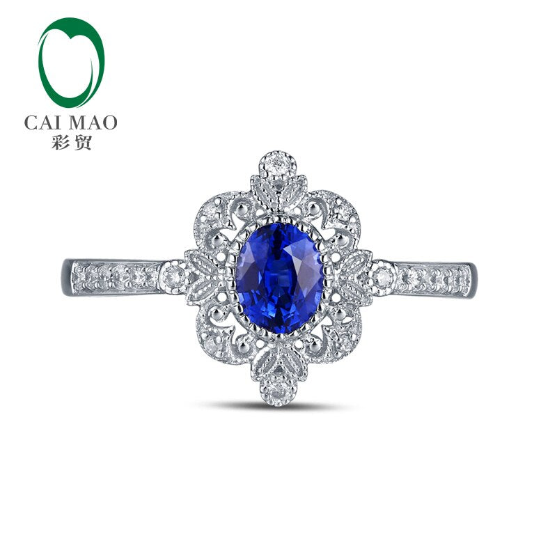 14K White Gold 0.50ct Blue Sapphire Pave Diamond Engagement Ring for Her