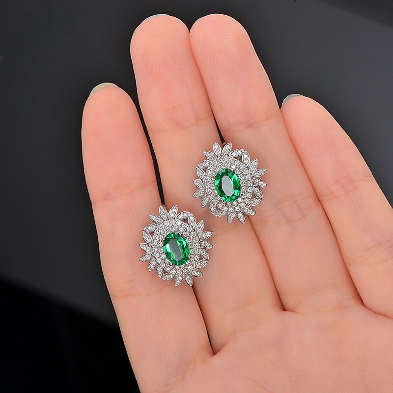 14k White Gold Emerald Diamond Earrings for Women