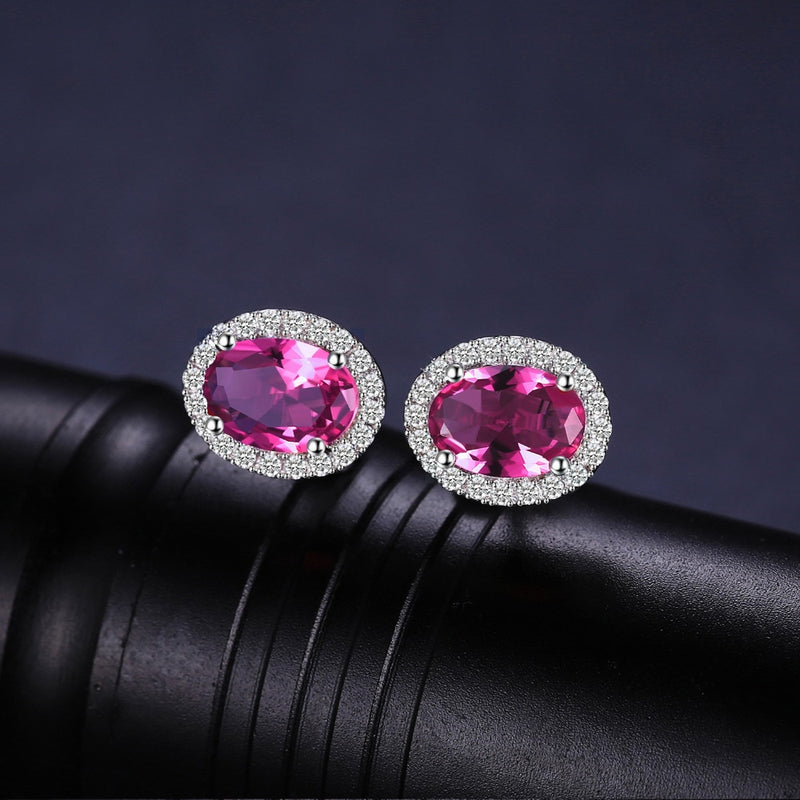 Sterling Silver Oval Pink Sapphire Earrings for Women