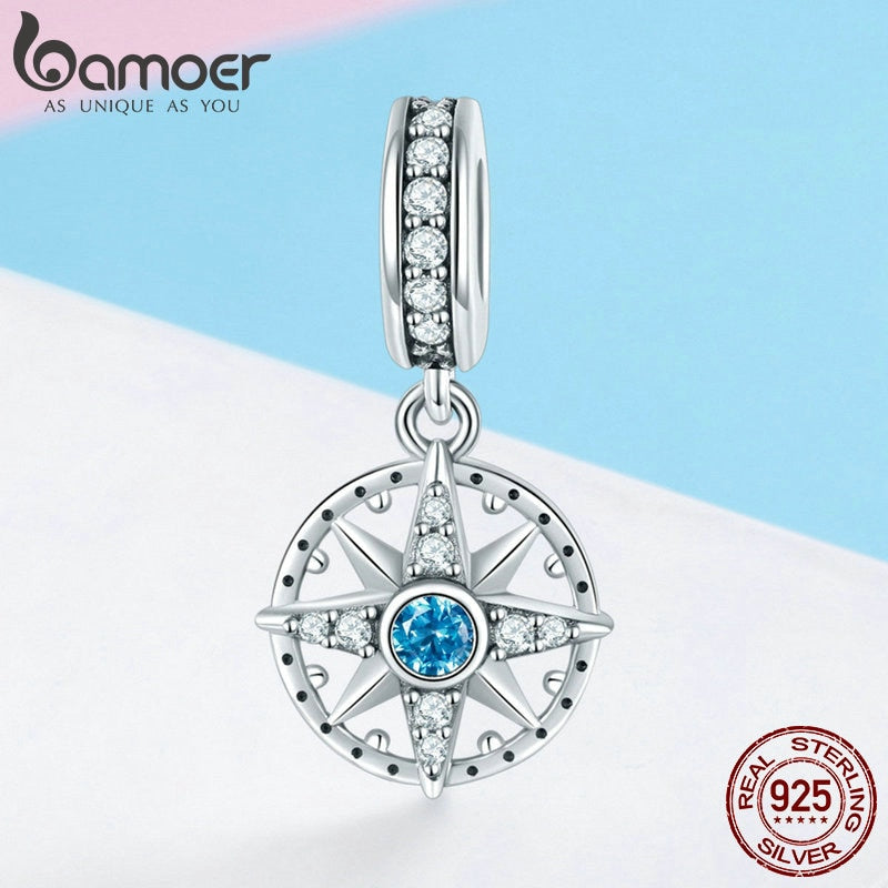 925 Sterling Silver Sparkling Compass Star Pendant Charm for Bracelets & Necklaces for Unisex