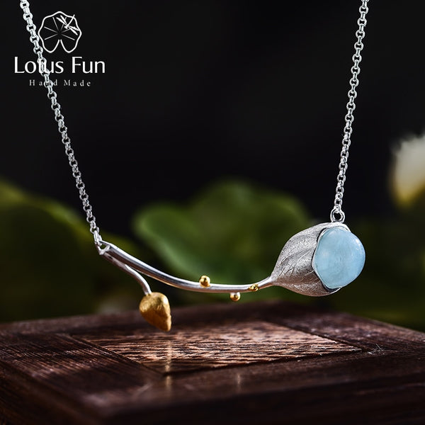 925 Sterling Silver Natural Stone Lotus Bud Necklace for Women