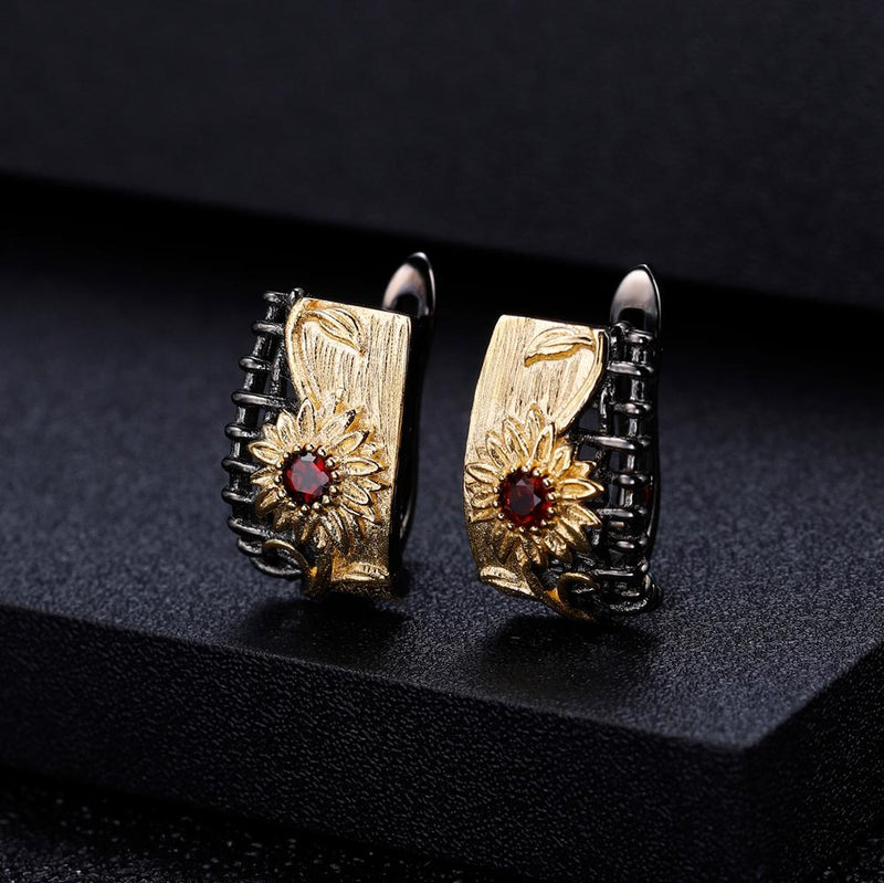 GEMS BALLET 925 Sterling Silver Vintage Sunflower 1.07Ct Red Garnet Ring Earrings & Pendant Jewelry Set