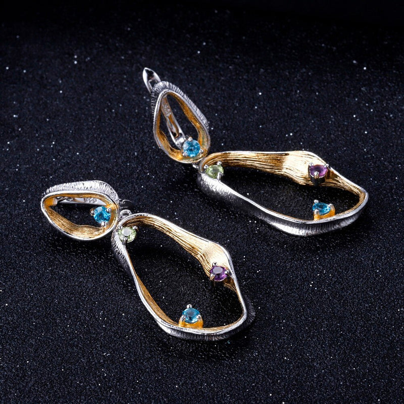 GEMS BALLET 925 Sterling Silver Natural Topaz Amethyst Peridot Handmade twist Earrings Ring & Pendant Set
