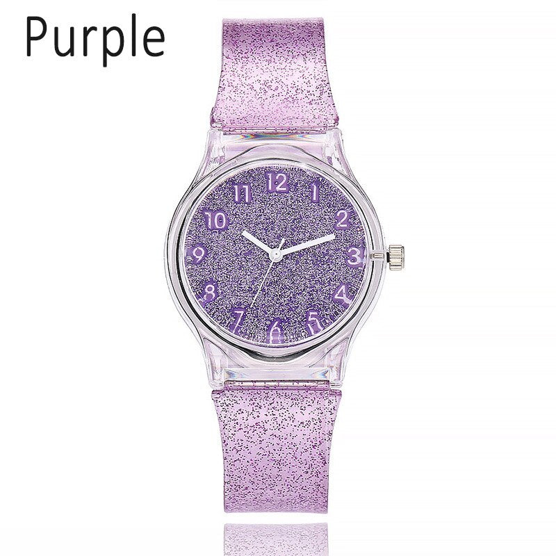 Stainless Steel Quartz Watch with Silicone Strap and Glitter Dial for Women