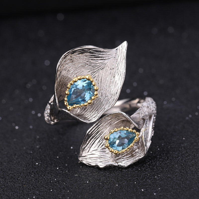 GEMS BALLET 925 Sterling Silver 3.02Ct Natural Swiss Blue Topaz Handmade Lily Ring & Earrings Jewelry Set
