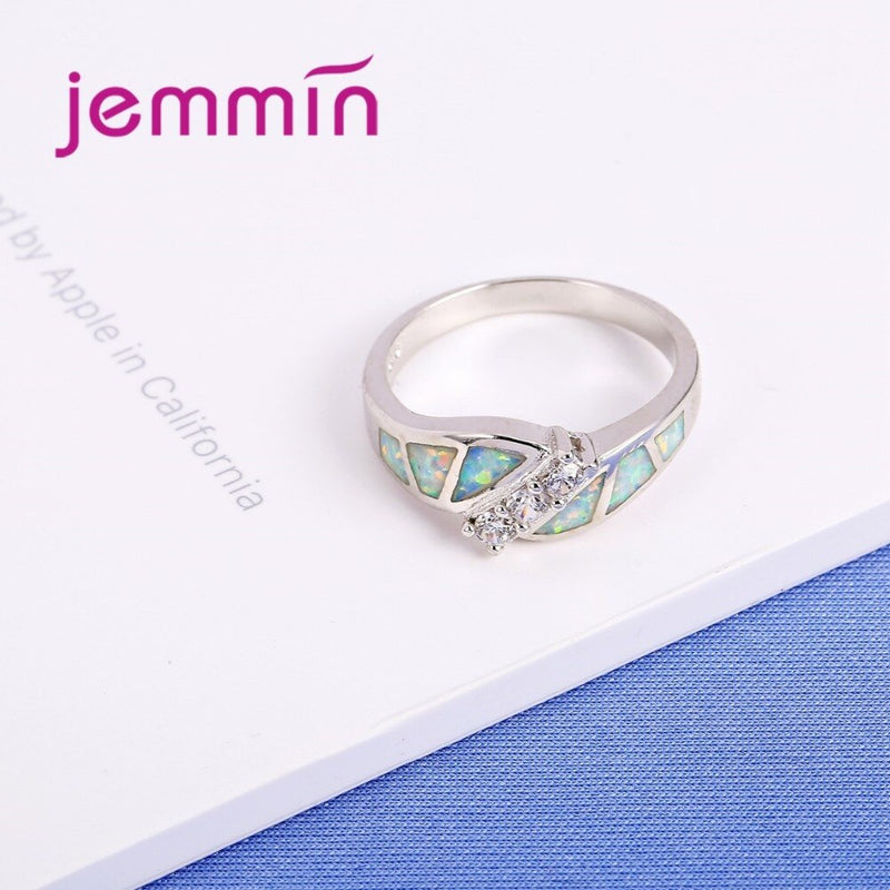 New Tide Fahsion Twist White Rainbow Opal Ring Simple 925 Sterling Silver Loop Connect with Little Round CZ Jewelry