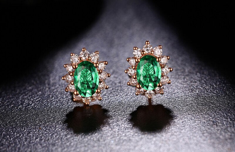 18k Rose Gold Natural Emerald Diamond Earrings Studs for Women