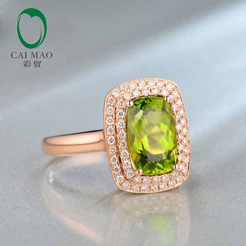 14K Rose Gold Halo Engagement Ring with 3.27 ctw Green Peridot and Pave Diamonds. for her