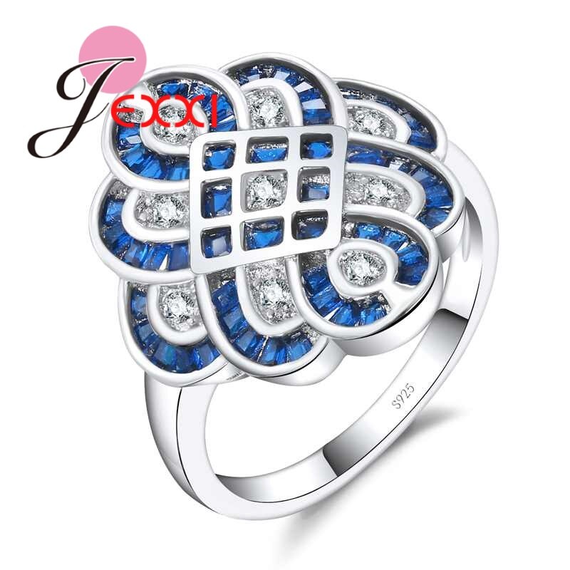 Charm Geometric Design Fashion Blue Cubic Zircon Wedding Engagement Rings For Women 925 Sterling Silver Proposal Ring