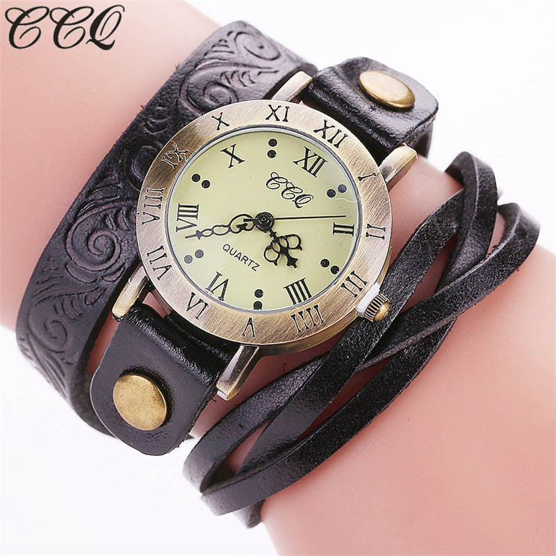 Stainless Steel Cow Leather Multilayer Bracelet Watch for Women