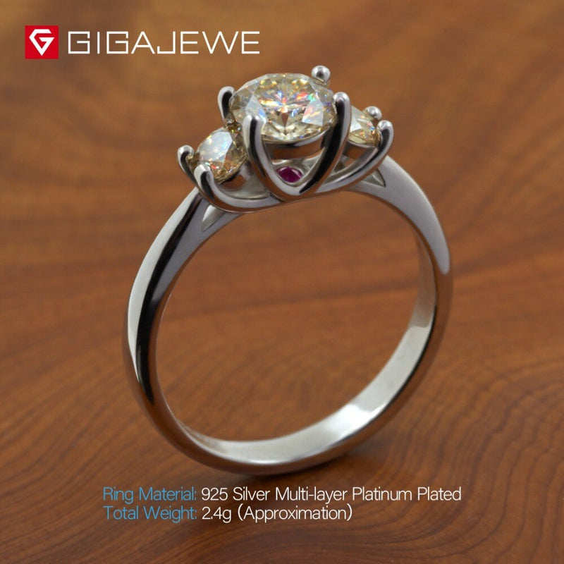 GIGAJEWE Moissanite 1ct 5.5mm+2X3.5mm Round Cut Yellow Color 925 Silver Ring Gold Multi-layer Plated