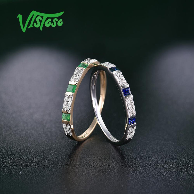 14K Yellow/White Gold Diamond and Blue Sapphire Emerald Ring for Women