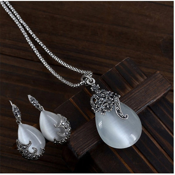 925 Sterling Silver Vintage Water Drop Pendant Necklace & Earrings Jewelry Set
