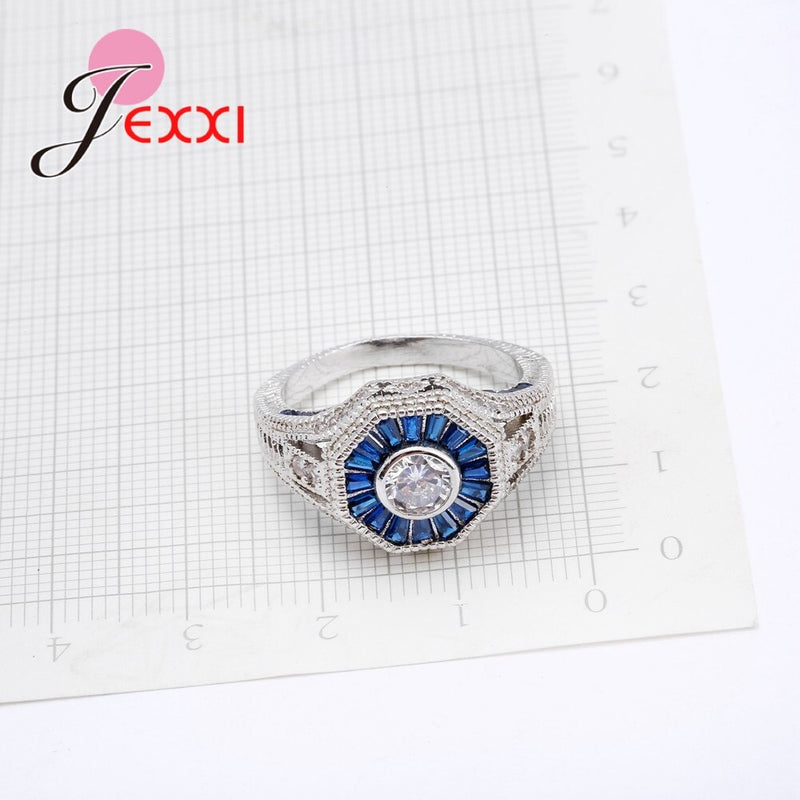 925 Sterling Silver Blue Zircon White Crystal Ring for Women