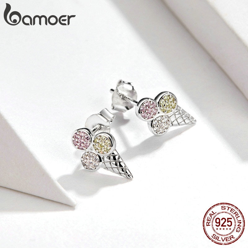 BAMOER 925 Sterling Silver Colorful CZ Ice Cream Ball Stud Earrings