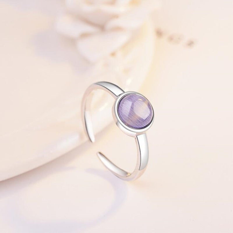 New Fashion Korean Style 925 Sterling Silver Jewelry Personality Sweet Cat Opal Three Colors Simple Round Opening Rings SR364