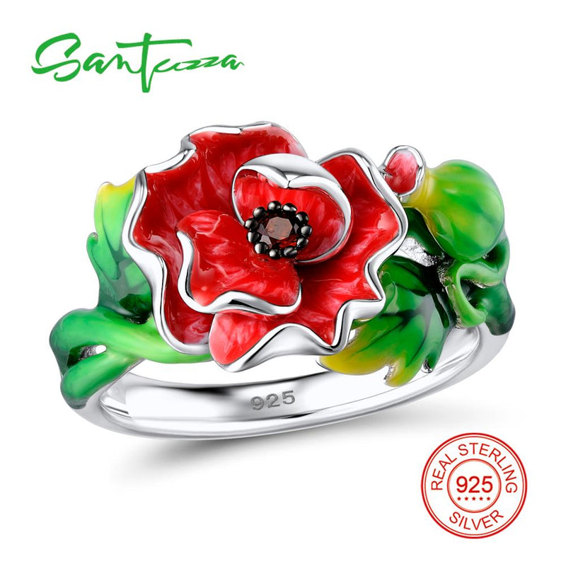 SANTUZZA 925 Sterling Silver Exquisite Handmade Red Flower Ring Earrings & Brooch Jewelry Set