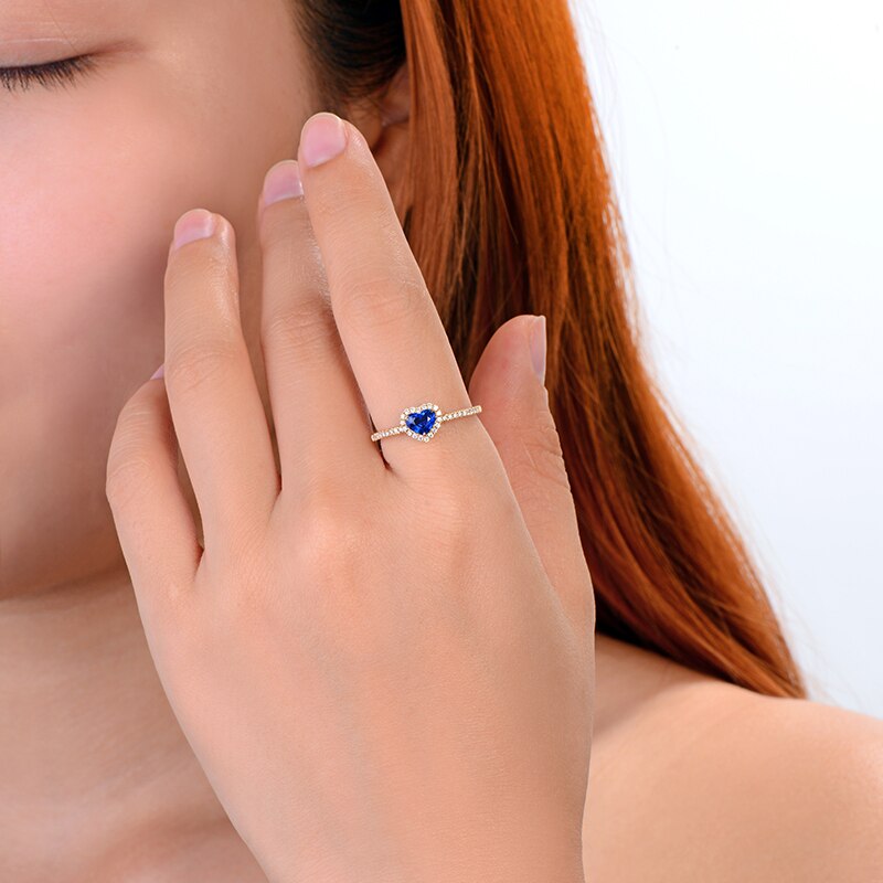 14k Yellow Gold Heart Shape 0.60ct Blue Sapphire Halo Diamond Engagement Ring for Women