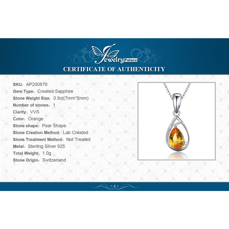 Sterling Silver Pear Created Orange Sapphire Pendant for Woman